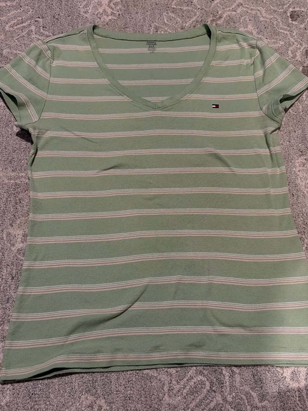 Tommy Hilfiger Women's Mint Green and White Striped V-Neck Tee